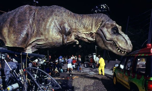 The T-Rex animatronic from Jurassic Park, an enduring symbol of practical effects in creating tangible realism.